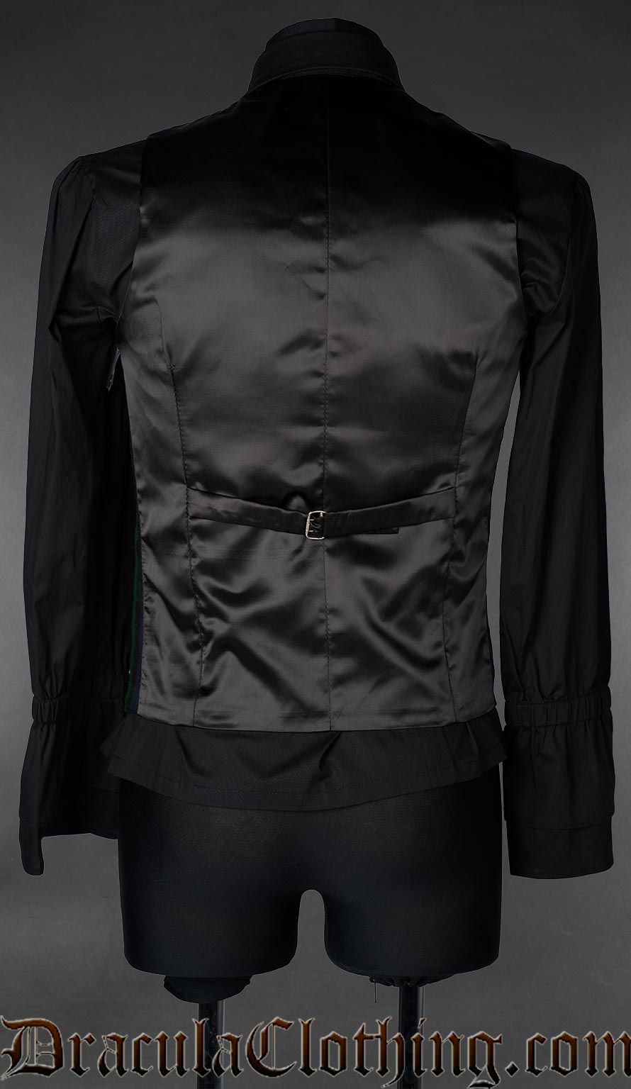 Back of men's black watch tartan vest showing black satin back and adjustable strap