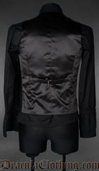 Back of men's black watch tartan vest showing black satin back and adjustable strap