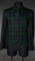 Men's black watch tartan vest shown with matching tie and black long sleeved shirt