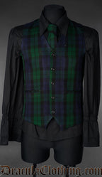 Men's black watch tartan vest shown with matching tie and black long sleeved shirt