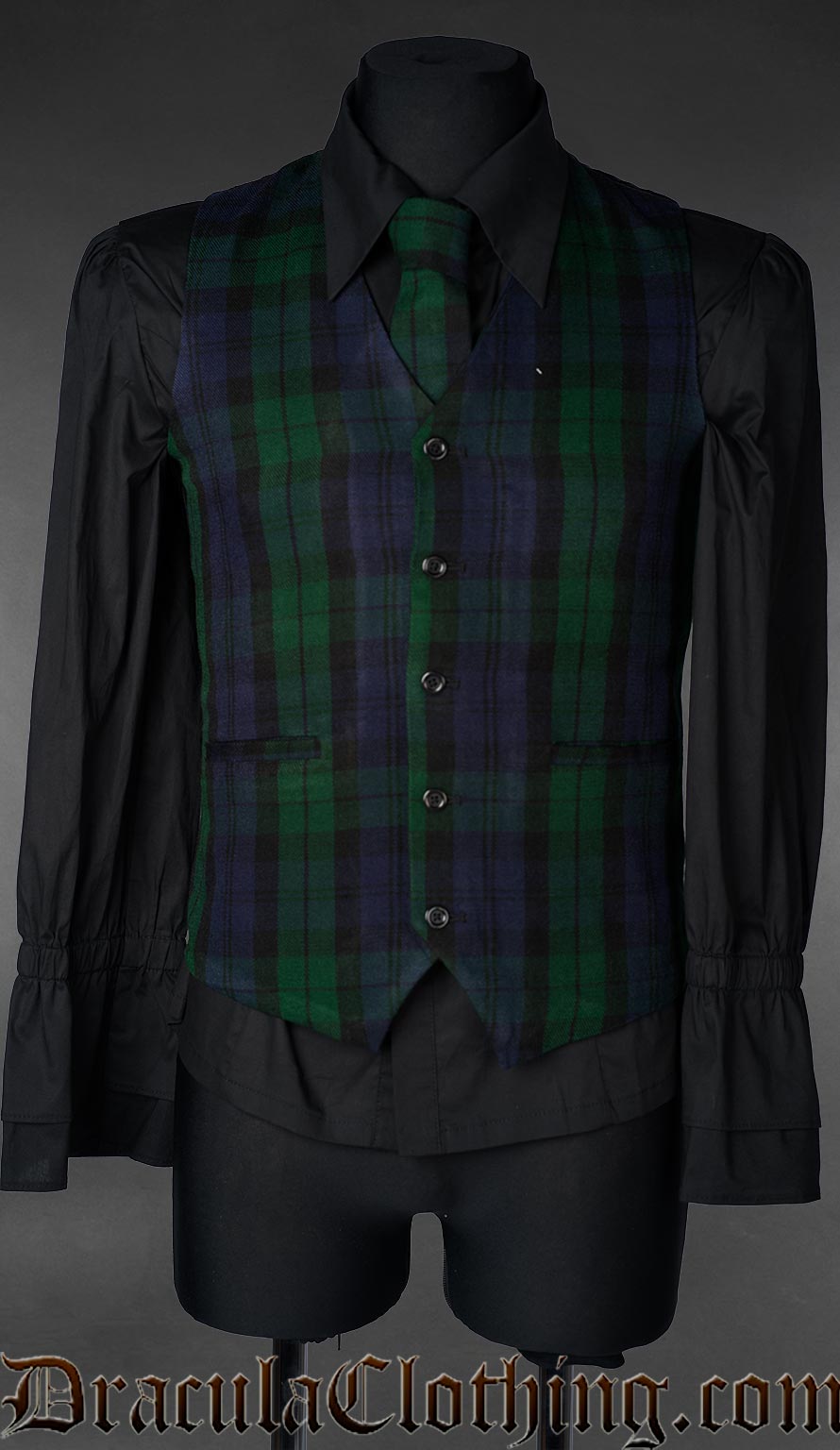 Men's black watch tartan vest shown with matching tie and black long sleeved shirt