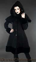 Women's black wool winter coat with faux fur trim and removable hood and cape