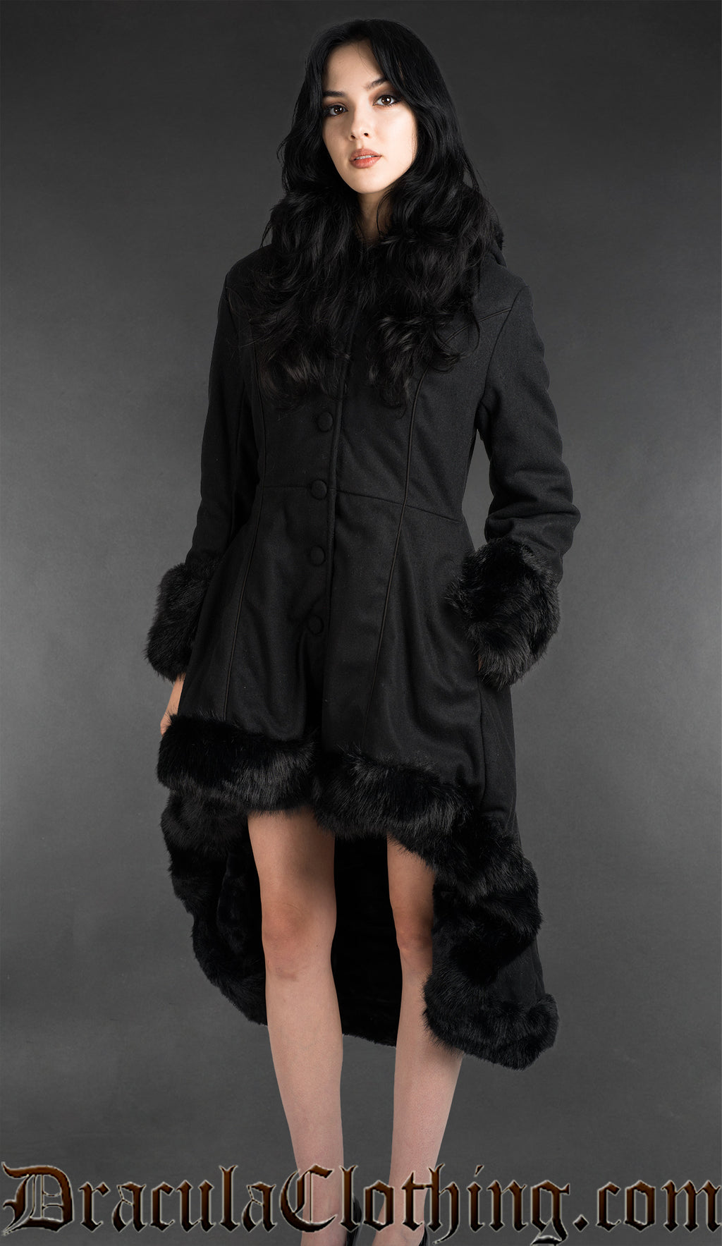 Black Wool High Low Winter Coat With Hood