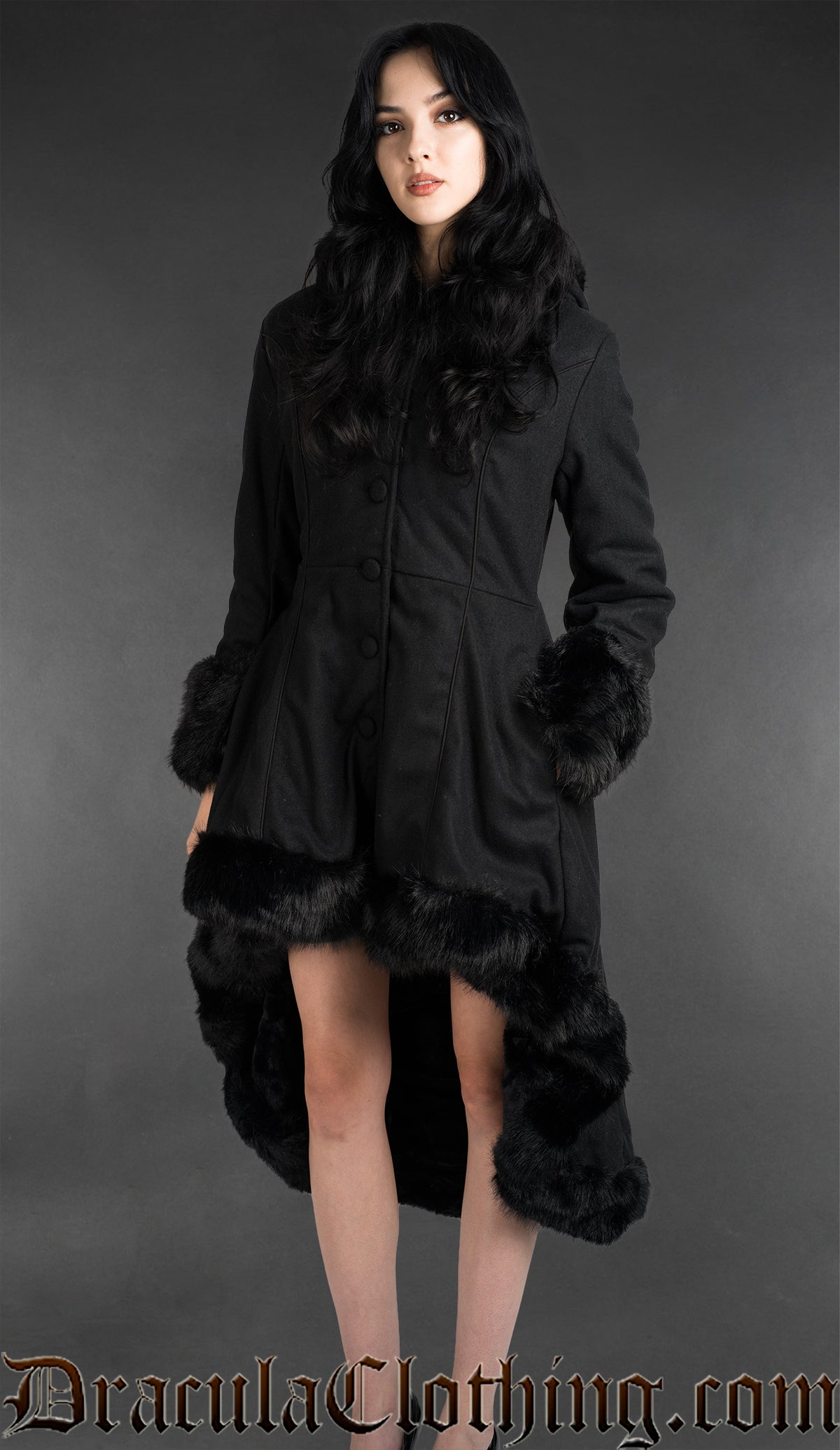 Black Wool High Low Winter Coat With Hood