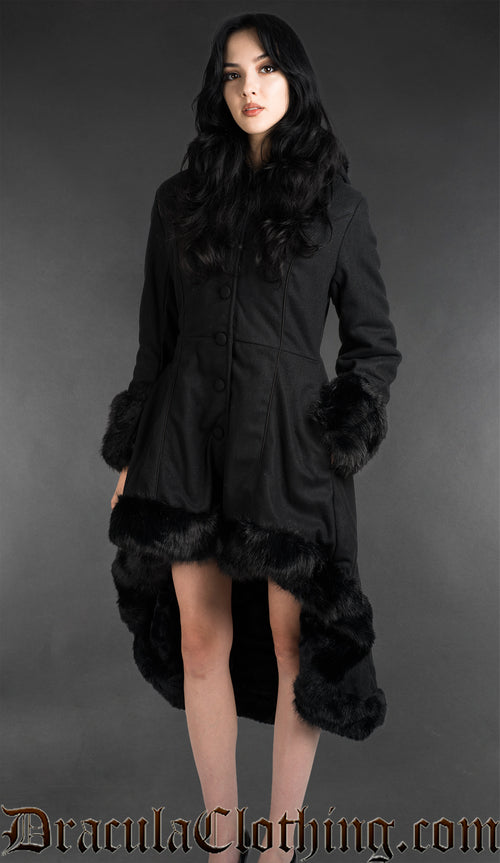 Black Wool High Low Winter Coat With Hood