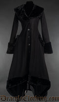 Long women's winter coat made with black wool fabric and faux fur accents with a fleece lining