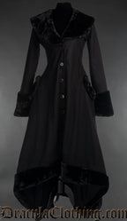 Long women's winter coat made with black wool fabric and faux fur accents with a fleece lining