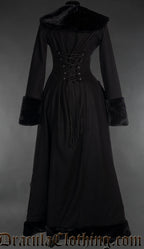 Back view of women's black wool winter coat with faux fur accents showing adjustable corset style lacing in the torso