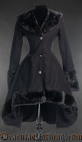 Women's black wool winter coat in short high low style with faux fur collar cuffs and hem