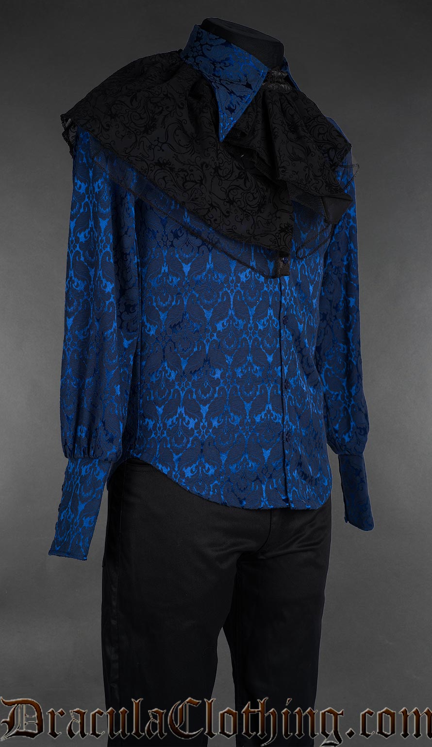Blue brocade gothic shirt with black lace jabot collar side angle on mannequin