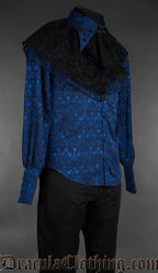 Blue brocade gothic shirt with black lace jabot collar side angle on mannequin