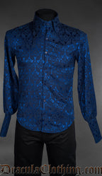 Blue brocade gothic shirt with fitted silhouette on mannequin