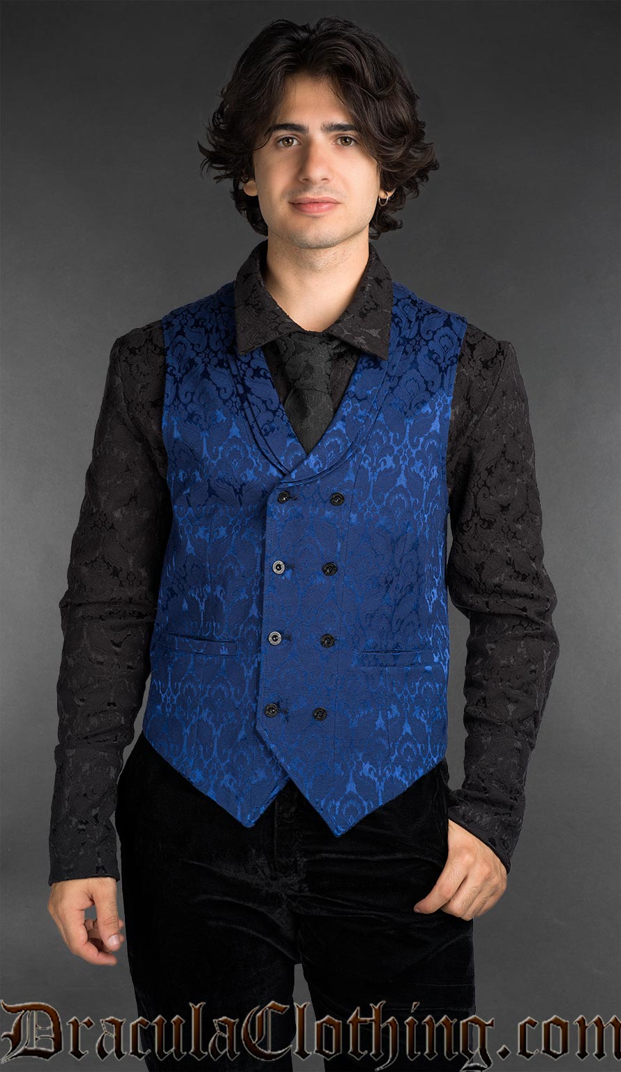 Men’s blue brocade double-breasted waistcoat worn over black shirt in gothic formal style