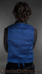 Back view of Gothic blue brocade Victorian vest for men with asymmetrical front and tailored fit