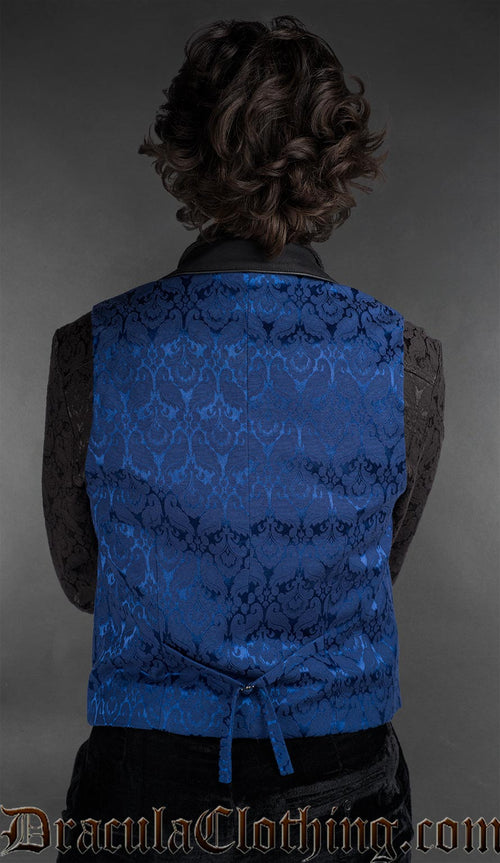 Back view of Gothic blue brocade Victorian vest for men with asymmetrical front and tailored fit