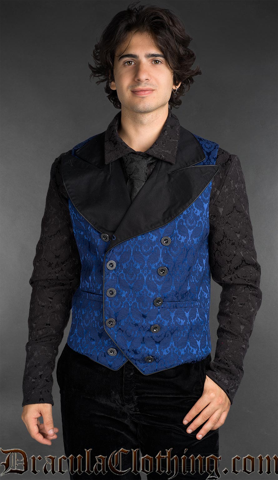 Gothic blue brocade Victorian vest for men with asymmetrical front and tailored fit