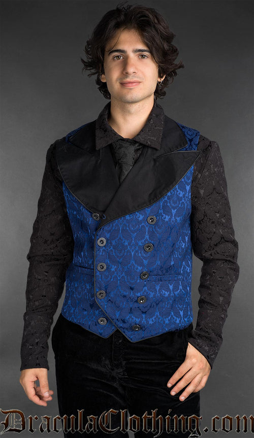 Gothic blue brocade Victorian vest for men with asymmetrical front and tailored fit