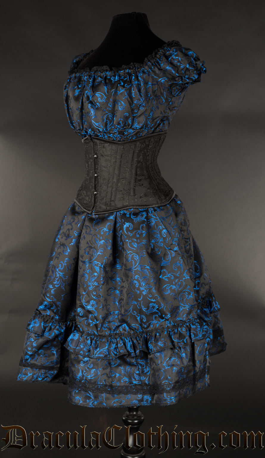 Blue Brocade Gothabilly Dress Old Sizes – DraculaClothing Blue Brocade Gothabilly Dress Old Sizes – DraculaClothing
