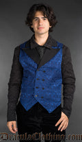 Gothic blue brocade double-breasted waistcoat for men with peak lapel and tailored fit