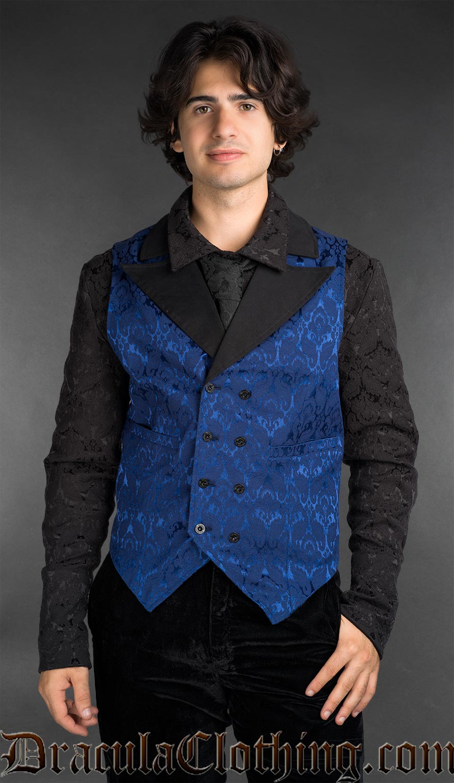 Gothic blue brocade double-breasted waistcoat for men with peak lapel and tailored fit