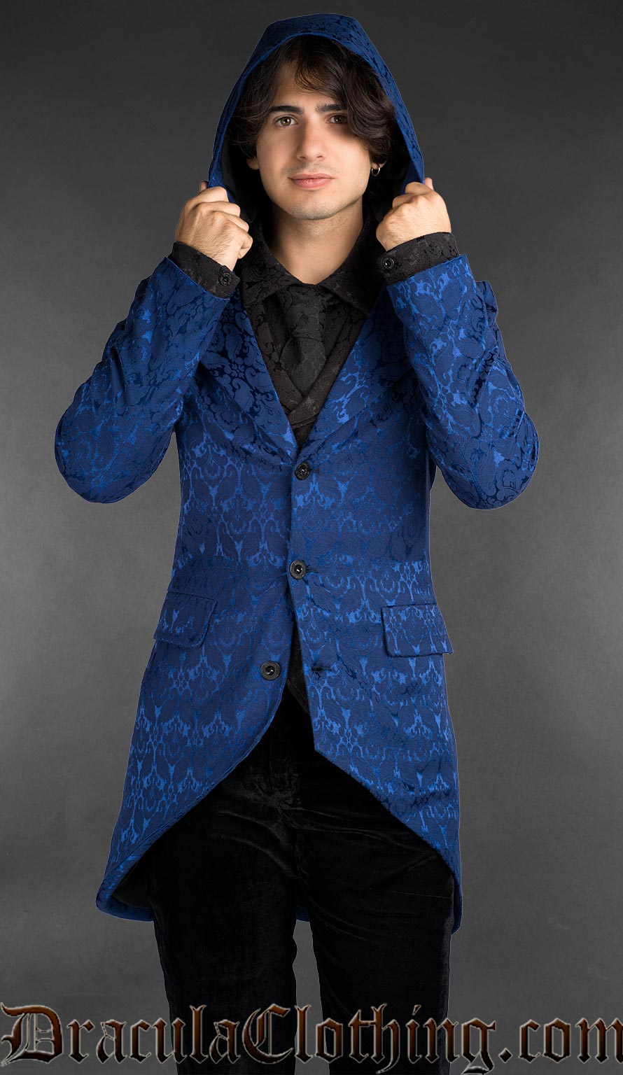 Men’s cotton blue brocade gothic hooded jacket with Victorian-inspired cut