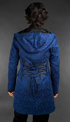 Back view of Men’s cotton blue brocade gothic hooded jacket with Victorian-inspired cut