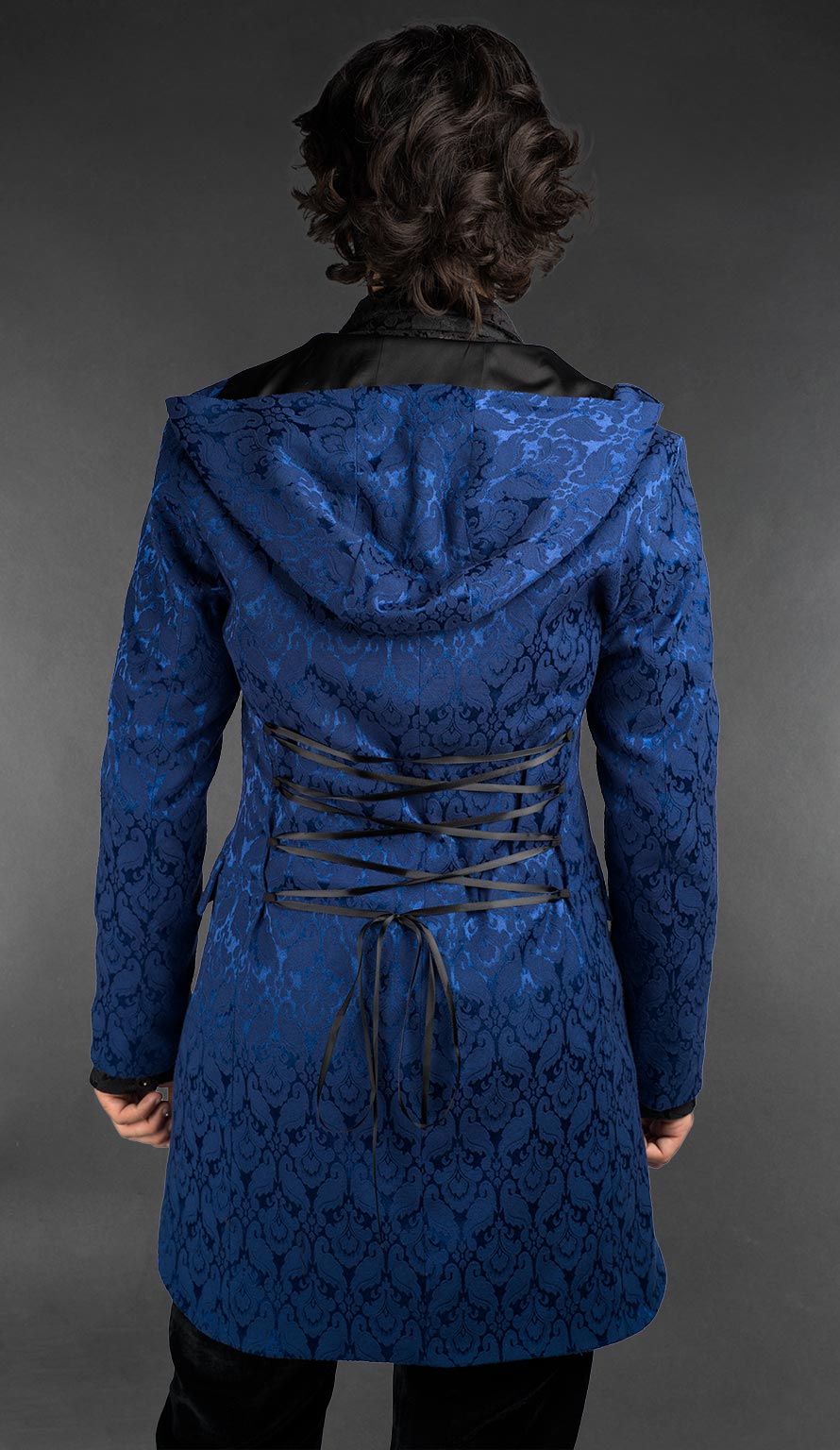 Back view of Men’s cotton blue brocade gothic hooded jacket with Victorian-inspired cut