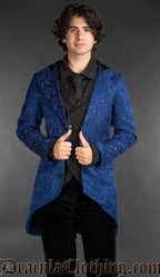 Men’s cotton blue brocade gothic hooded jacket with Victorian-inspired cut