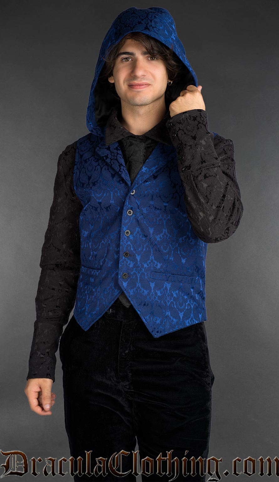 Gothic blue brocade hooded vest for men featuring baroque pattern and tailored fit