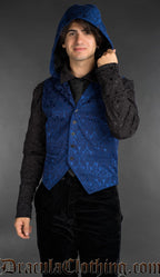 Gothic blue brocade hooded vest for men featuring baroque pattern and tailored fit