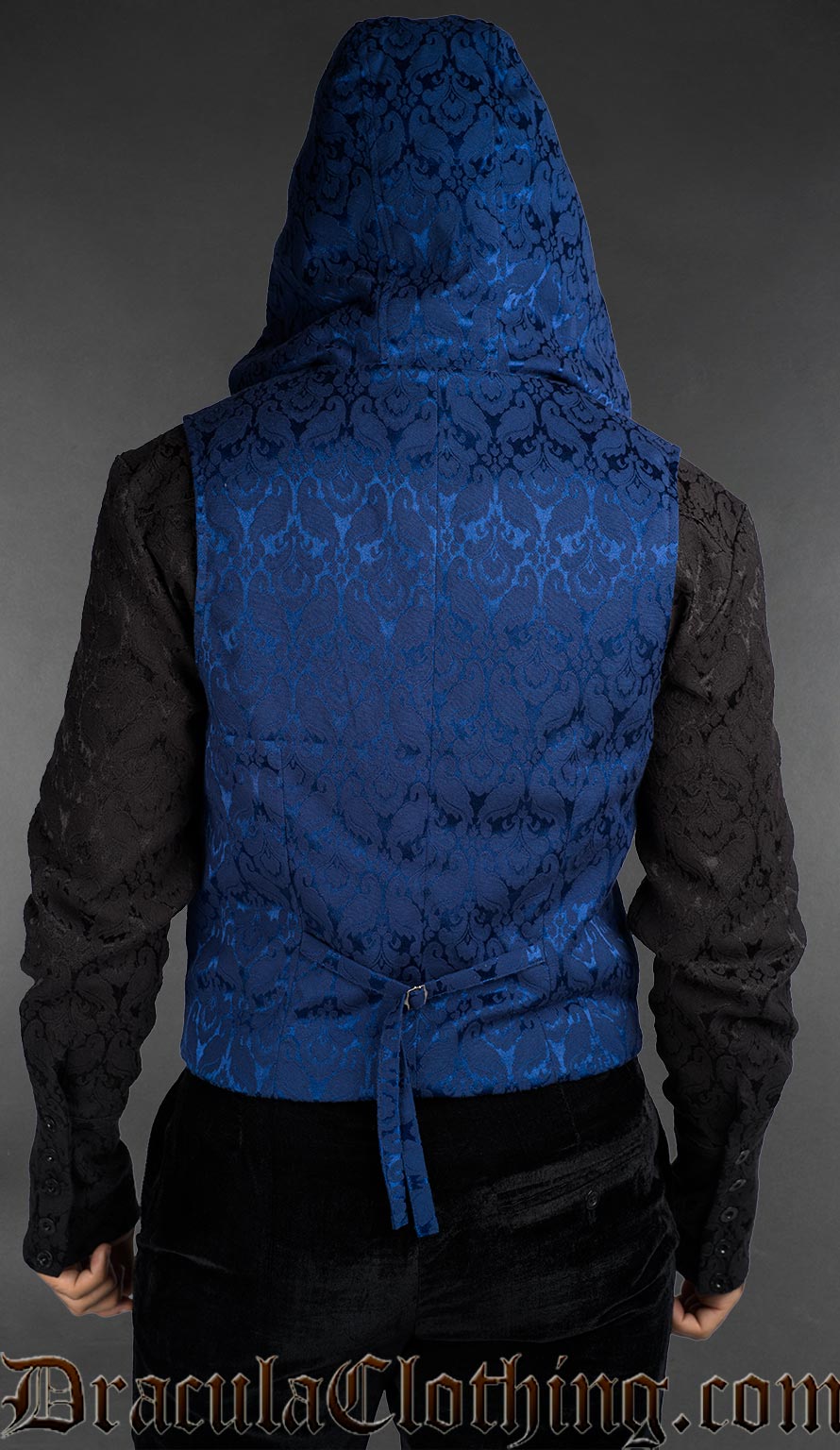 Back view of Gothic blue brocade hooded vest for men featuring baroque pattern and tailored fit
