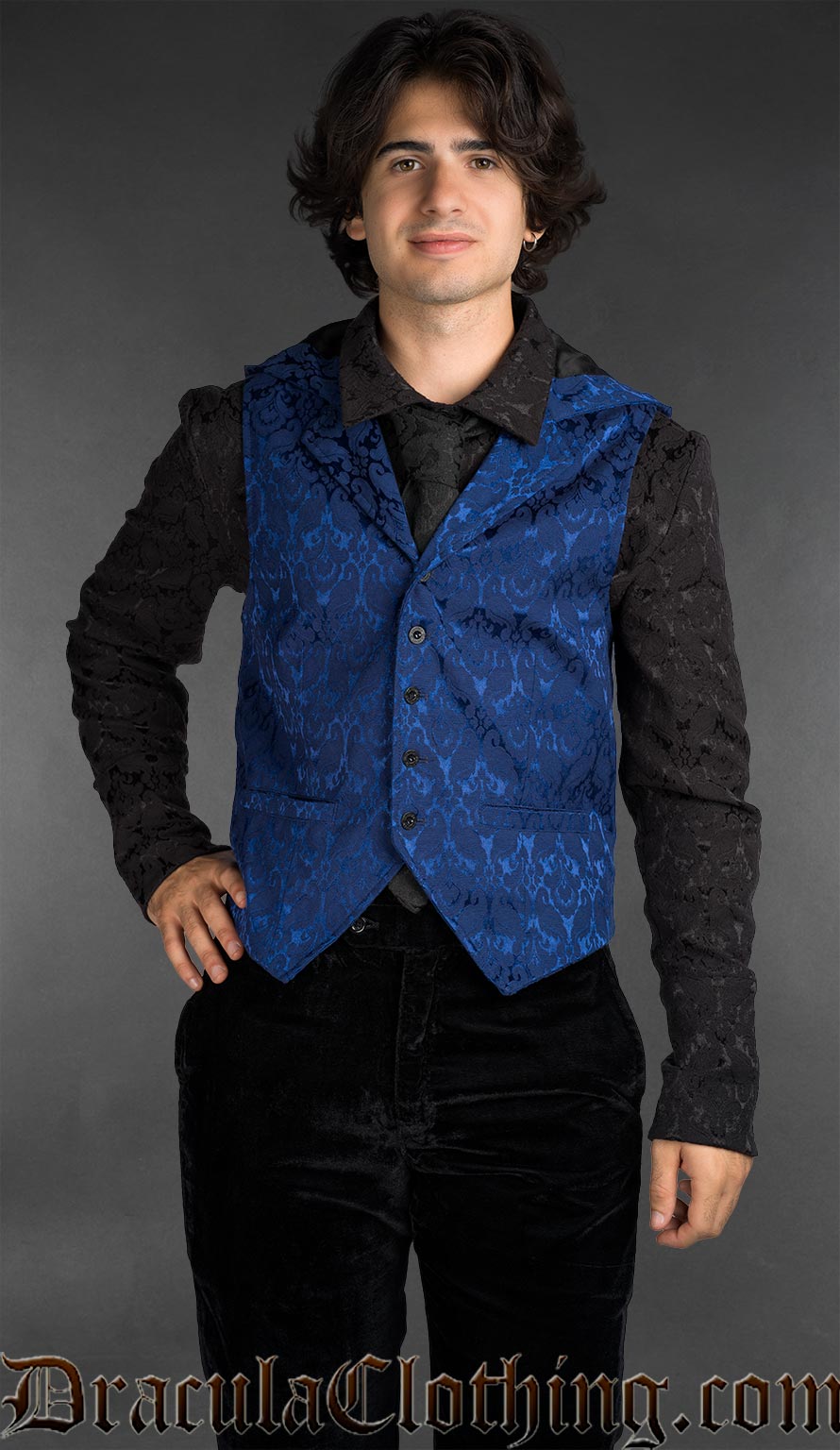 Gothic blue brocade hooded vest for men featuring baroque pattern and tailored fit