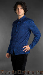 Blue brocade shirt made of cotton with black metal buttons side view