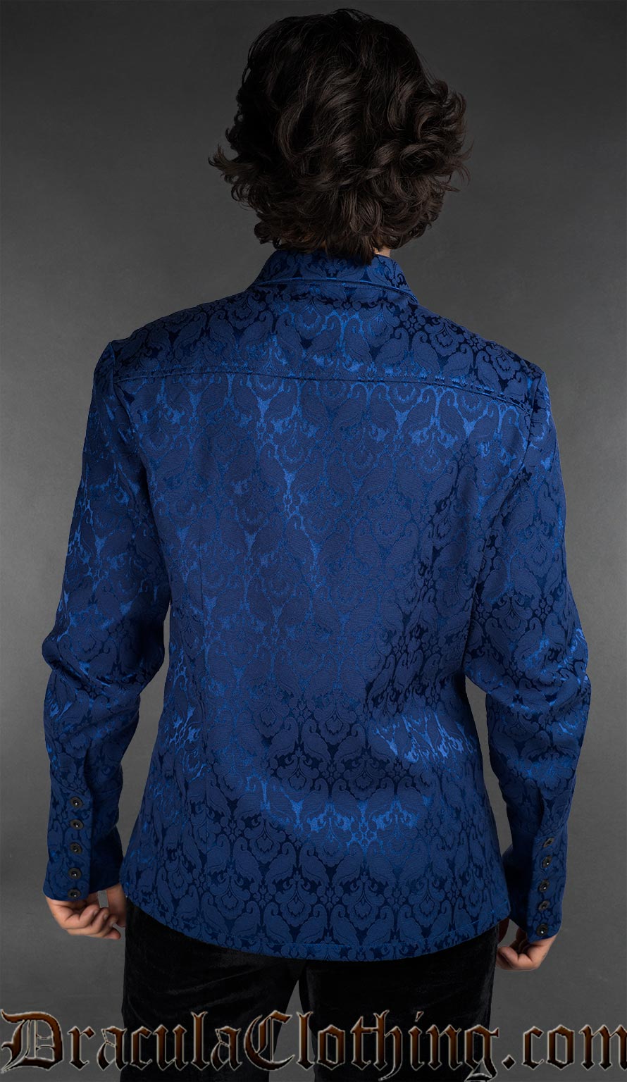 Blue brocade shirt made of cotton with black metal buttons back view