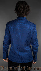 Blue brocade shirt made of cotton with black metal buttons back view