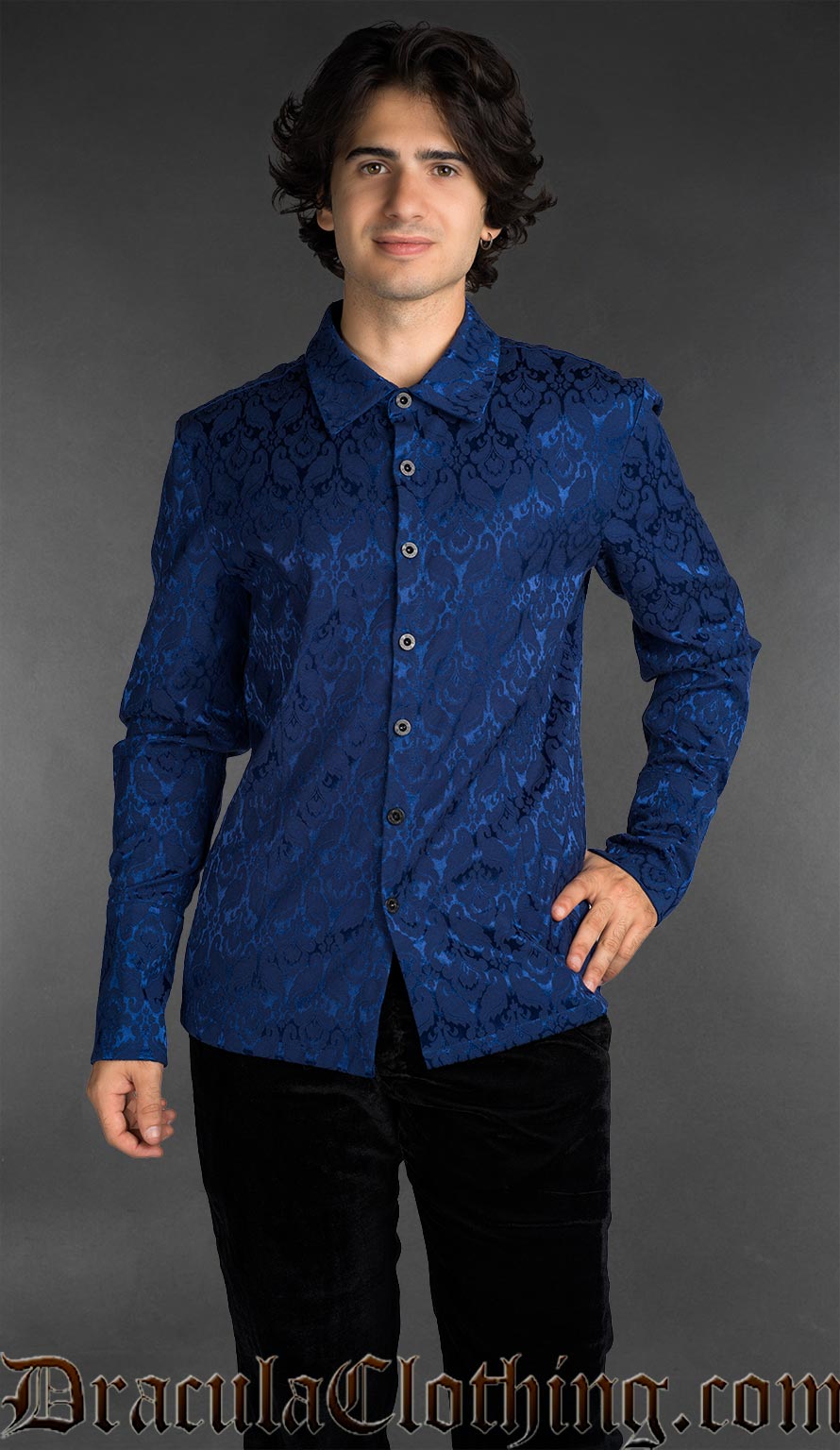 Blue brocade shirt made of cotton with black metal buttons
