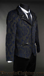 Side view of blue brocade tesla jacket showing faux leather accents and matching tie