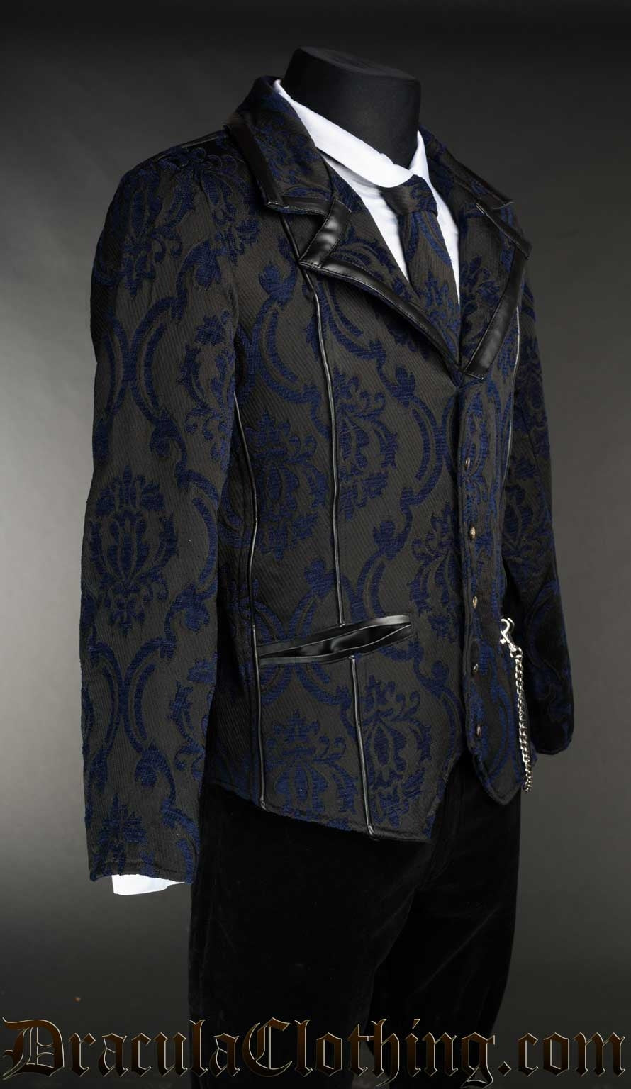 Side view of blue brocade tesla jacket showing faux leather accents and matching tie