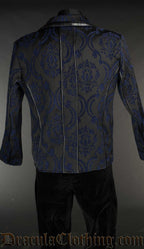 Back of men's blue brocade formal jacket with a damask pattern and black faux leather piping