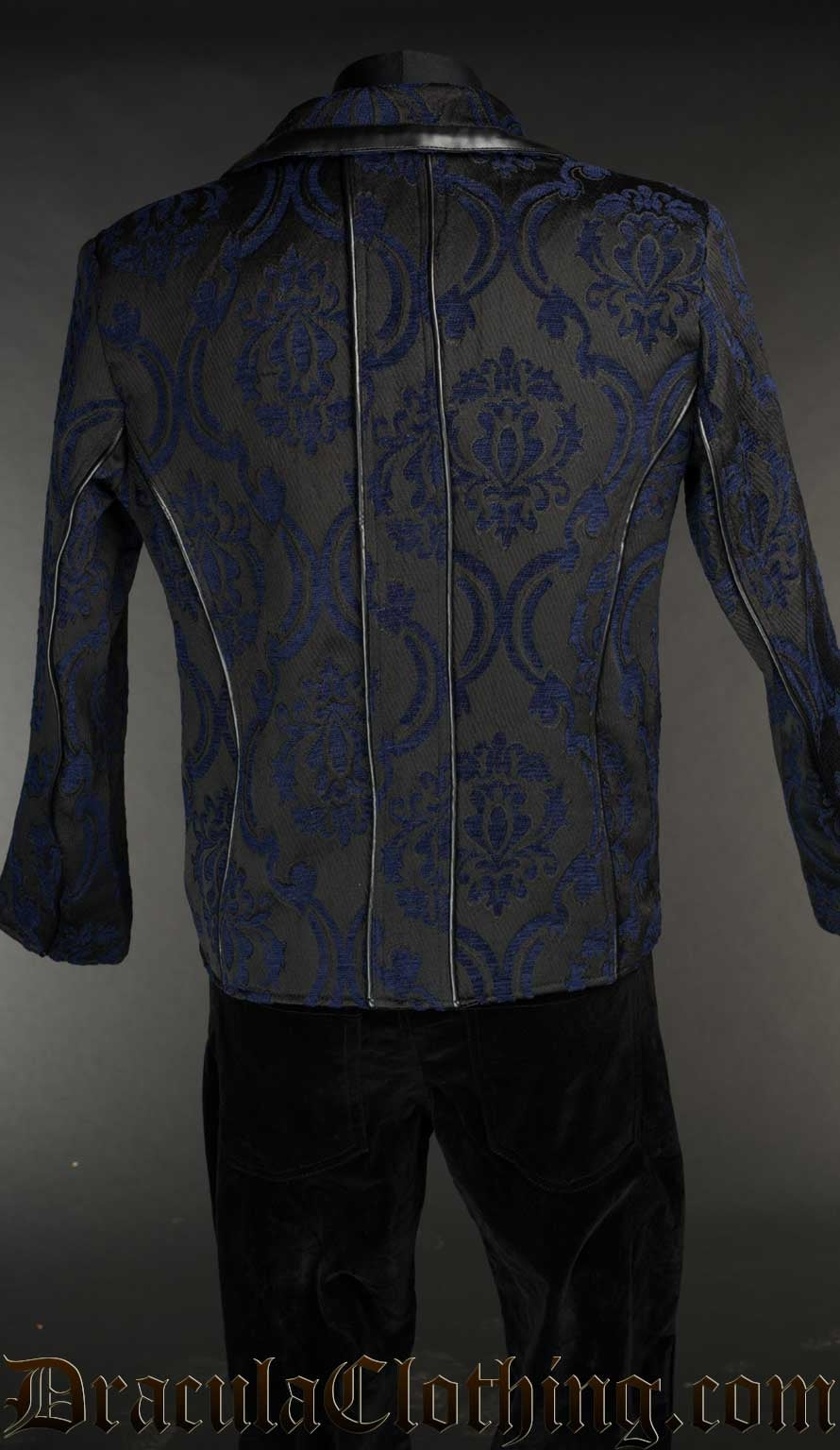 Back of men's blue brocade formal jacket with a damask pattern and black faux leather piping