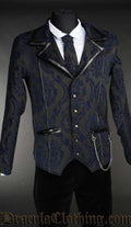 Men's blue brocade formal jacket with black faux leather piping and collar accents