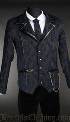 Men's blue brocade formal jacket with black faux leather piping and collar accents