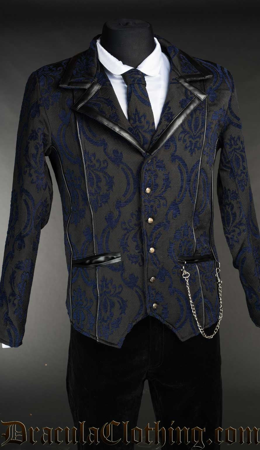 Men's blue brocade formal jacket with black faux leather piping and collar accents