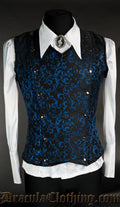 Men's black and blue brocade V-shaper with silver coloured poppers down each side