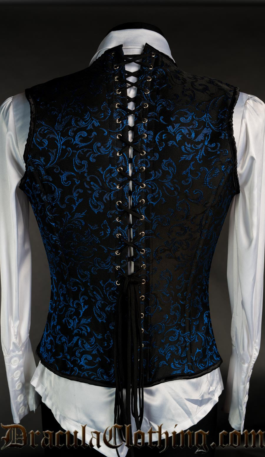 Back view of black and blue men's V-shaper showing adjustable lacing in the back