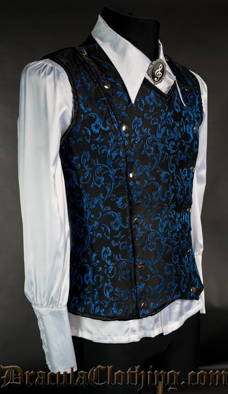 Side view of men's V-shaper made with blue brocade woven over a black fabric