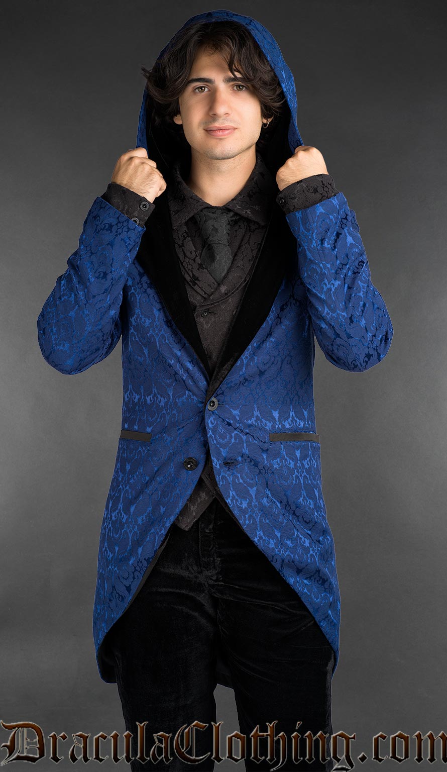 Men’s blue brocade gothic hooded jacket with velvet lapels and tailored fit