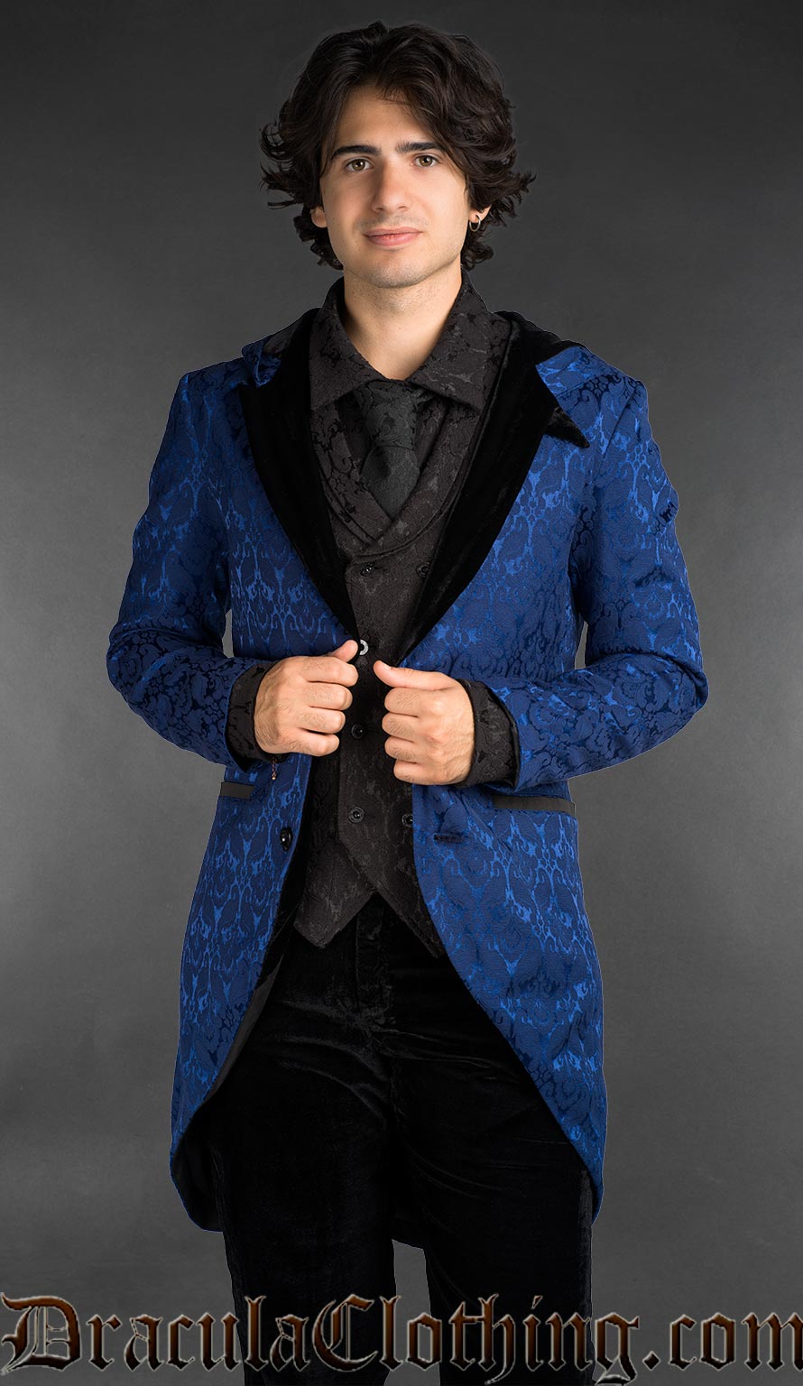 Men’s blue brocade gothic hooded jacket with velvet lapels and tailored fit