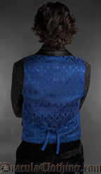 Back view of Men’s blue brocade Victorian gothic double-breasted waistcoat with black lapel, alternative formalwear