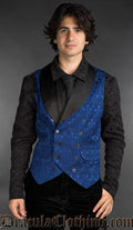 Men’s blue brocade Victorian gothic double-breasted waistcoat with black lapel, alternative formalwear